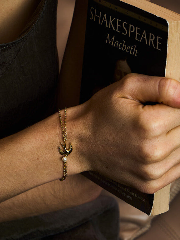 Art Nouveau Swallow Bracelet - A Flying Bird Pearl Chain in Motion