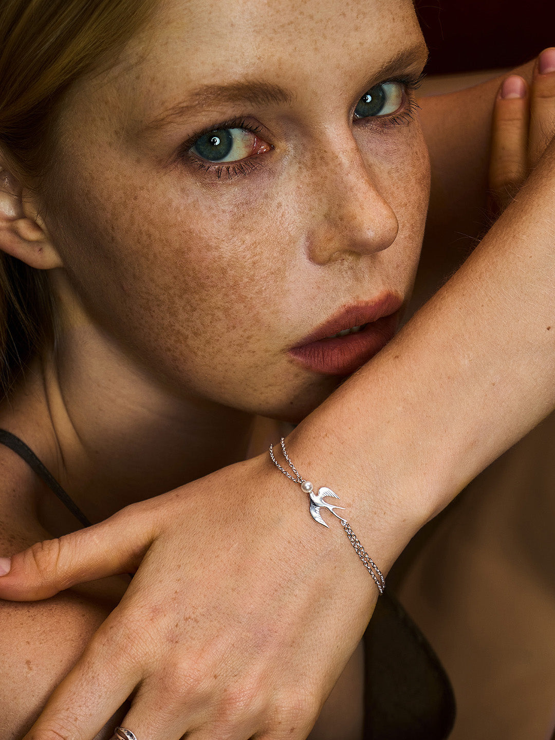 Art Nouveau Swallow Bracelet - A Flying Bird Pearl Chain in Motion