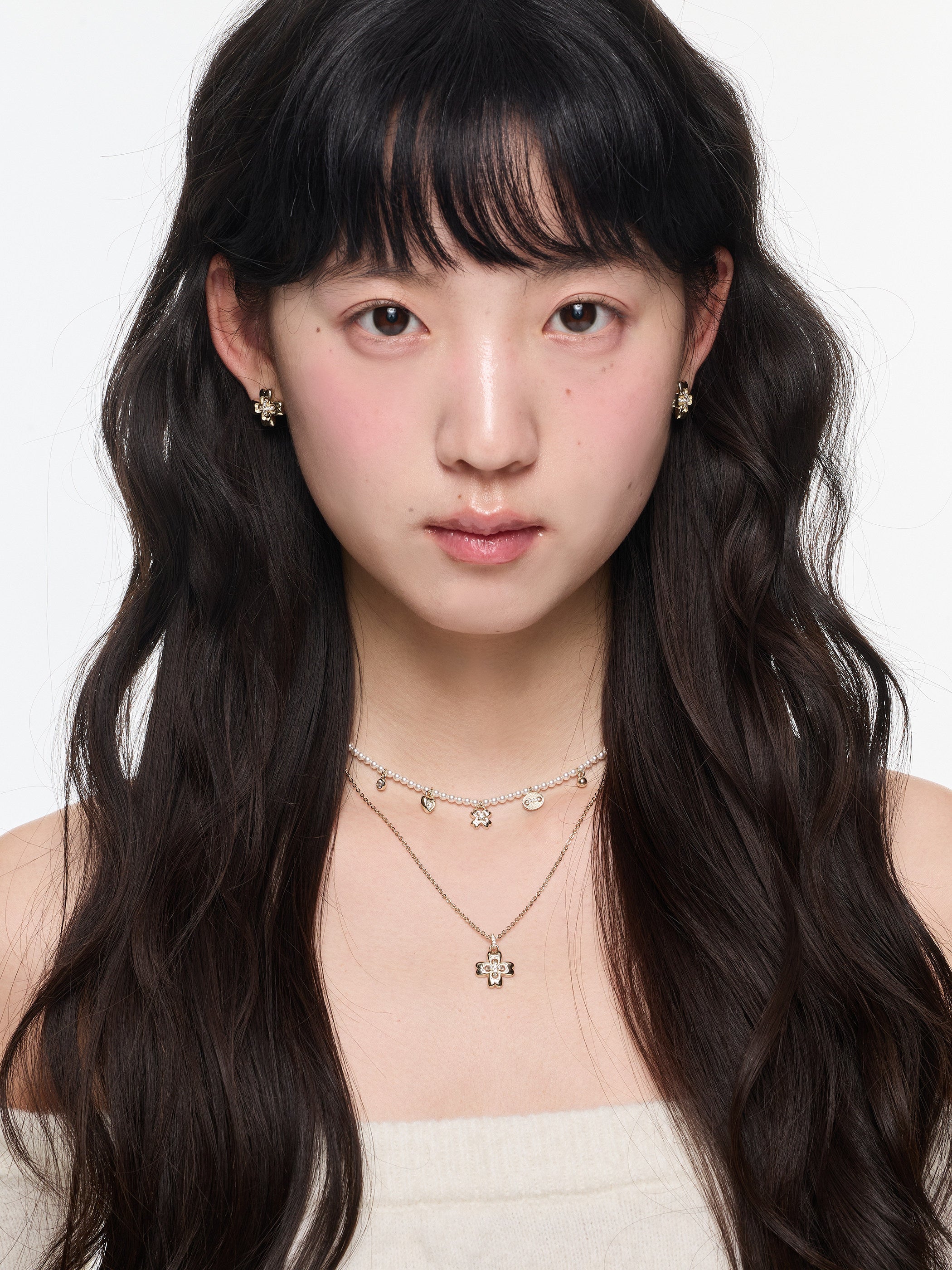 Button Series Small Flower Double-Layer Pearl Necklace Set, Design Statement 2-Piece Set