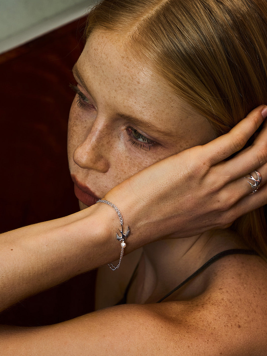 Art Nouveau Swallow Bracelet - A Flying Bird Pearl Chain in Motion