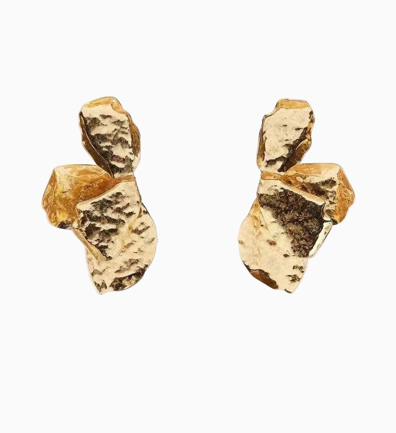 Metal Fan-Shaped Leaf Earrings Textured Statement Ear Studs