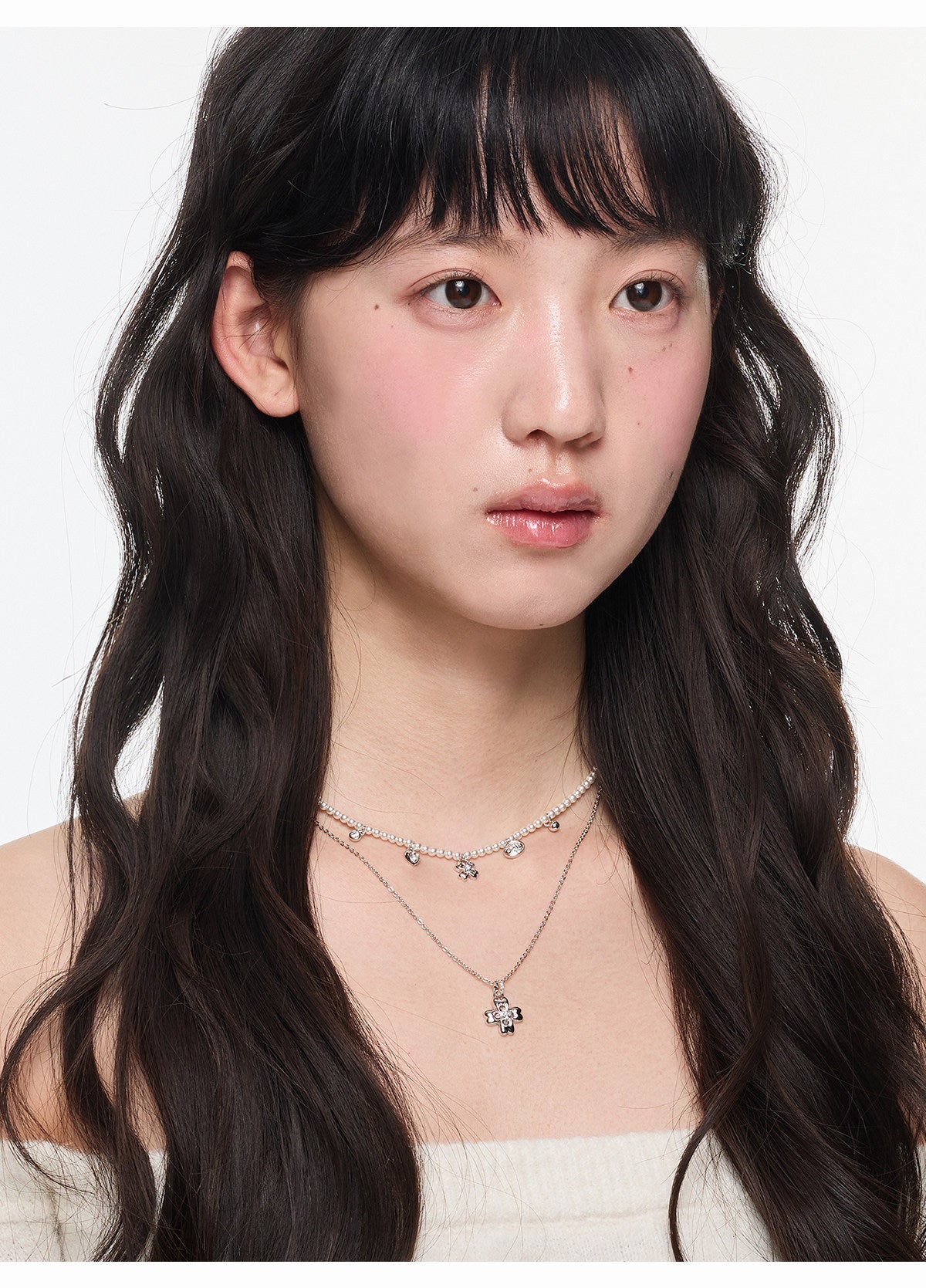 Button Series Small Flower Double-Layer Pearl Necklace Set, Design Statement 2-Piece Set
