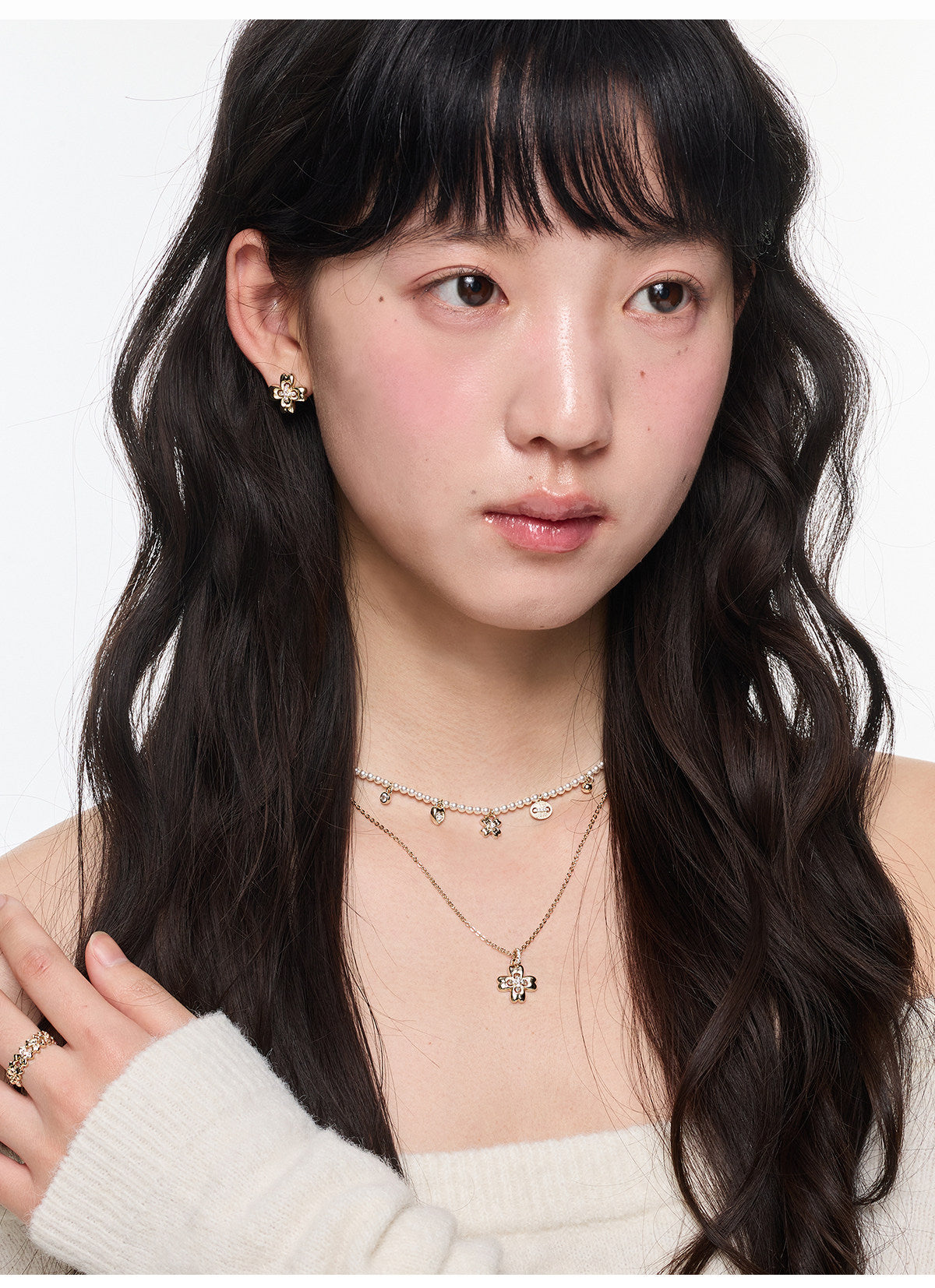 Button Series Small Flower Double-Layer Pearl Necklace Set, Design Statement 2-Piece Set