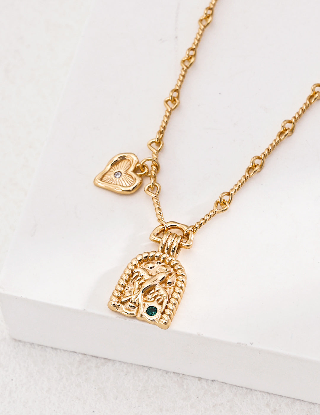 Vintage Gold Necklace with Heart and Swallow Charm, Romantic Dainty Pendant Jewelry for Women