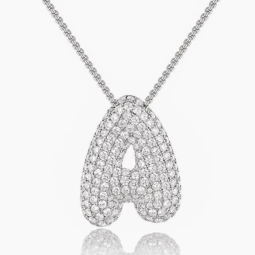 Fashion Bubble Letter Necklace – 26 Initial Pendant with Sparkling Zircon Design