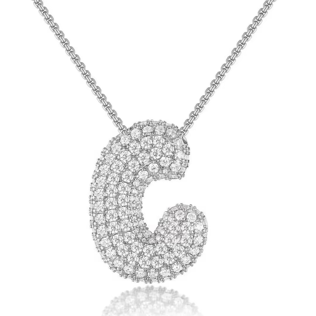 Fashion Bubble Letter Necklace – 26 Initial Pendant with Sparkling Zircon Design