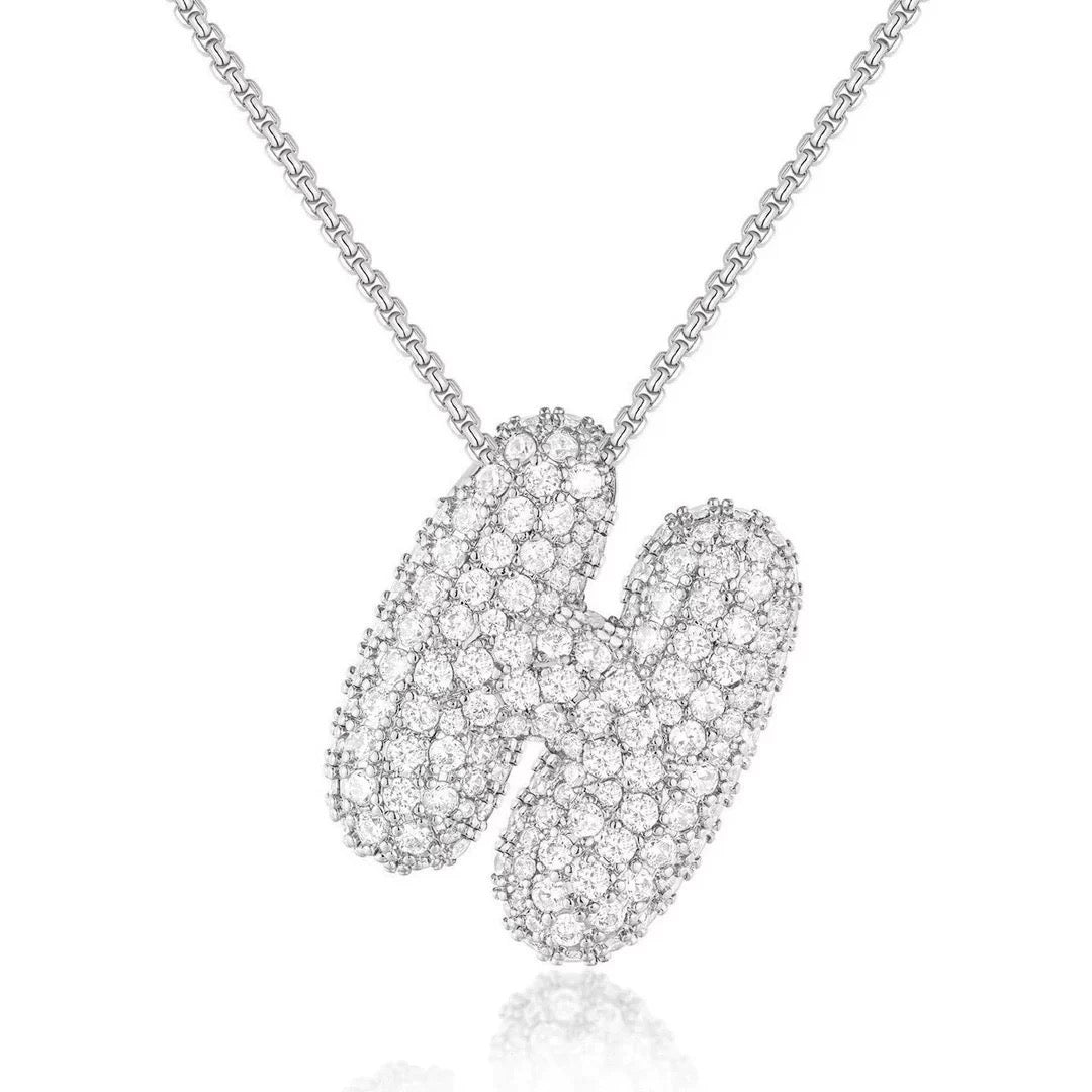 Fashion Bubble Letter Necklace – 26 Initial Pendant with Sparkling Zircon Design