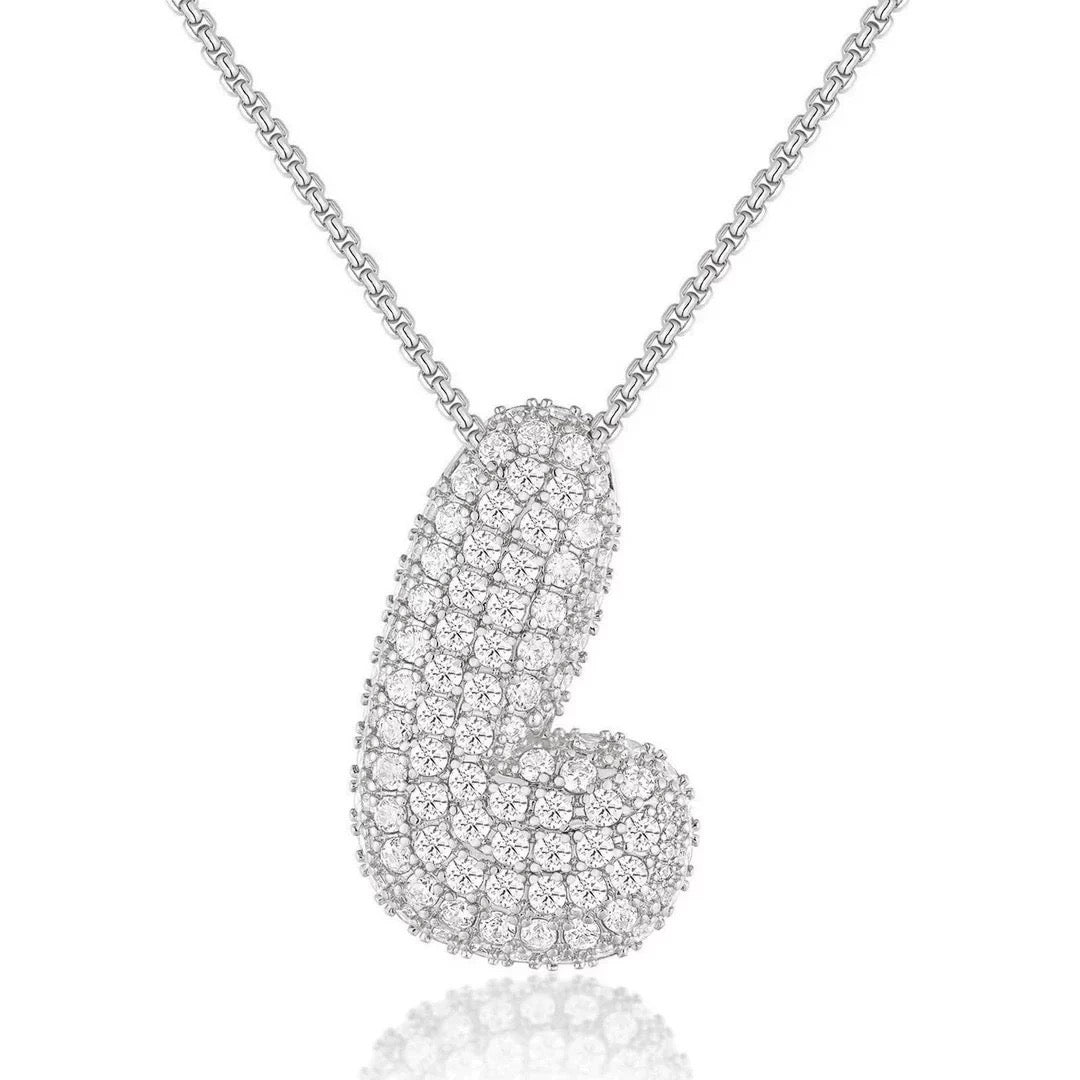 Fashion Bubble Letter Necklace – 26 Initial Pendant with Sparkling Zircon Design