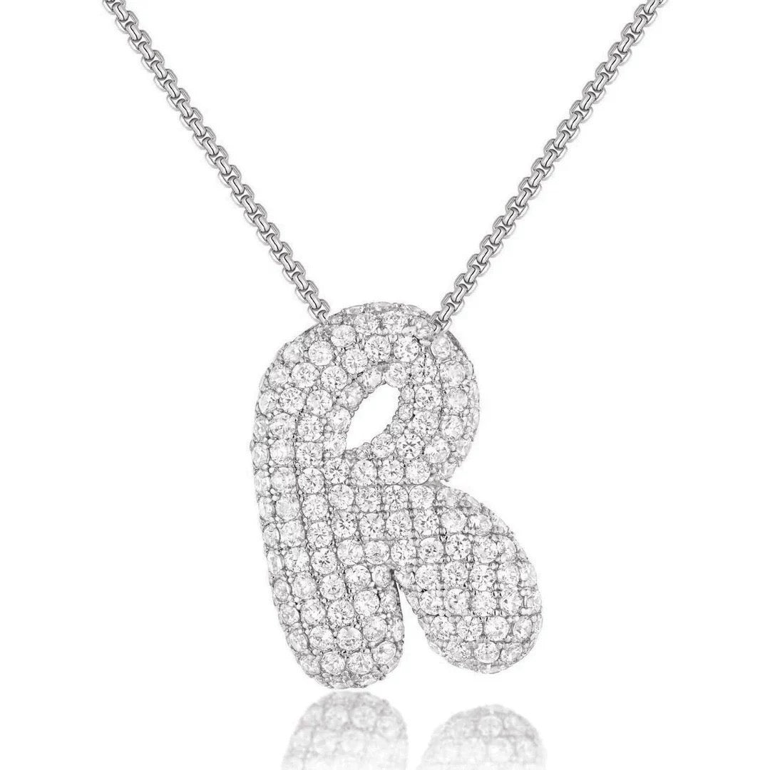 Fashion Bubble Letter Necklace – 26 Initial Pendant with Sparkling Zircon Design