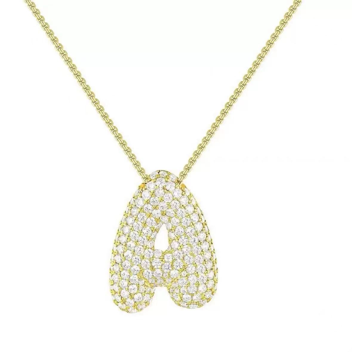 Fashion Bubble Letter Necklace – 26 Initial Pendant with Sparkling Zircon Design