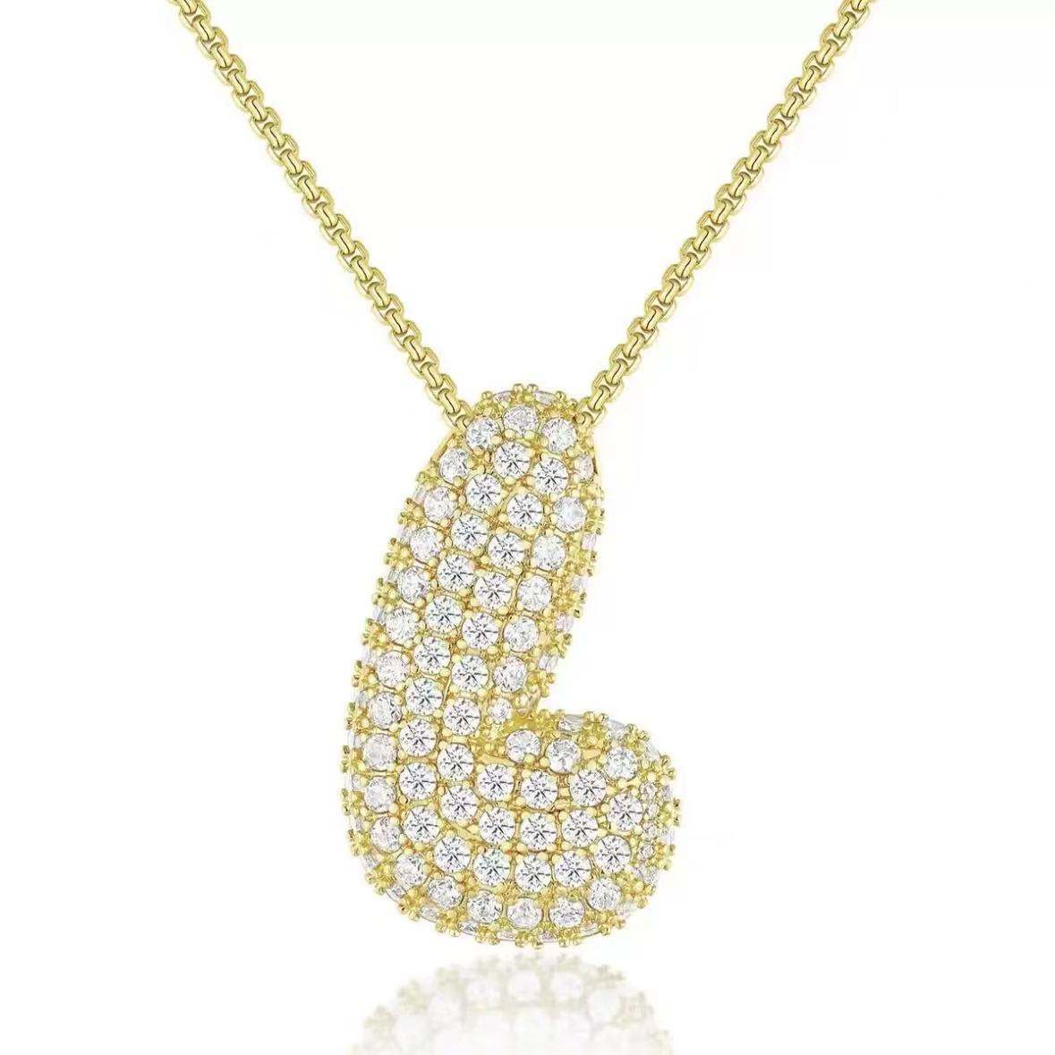 Fashion Bubble Letter Necklace – 26 Initial Pendant with Sparkling Zircon Design