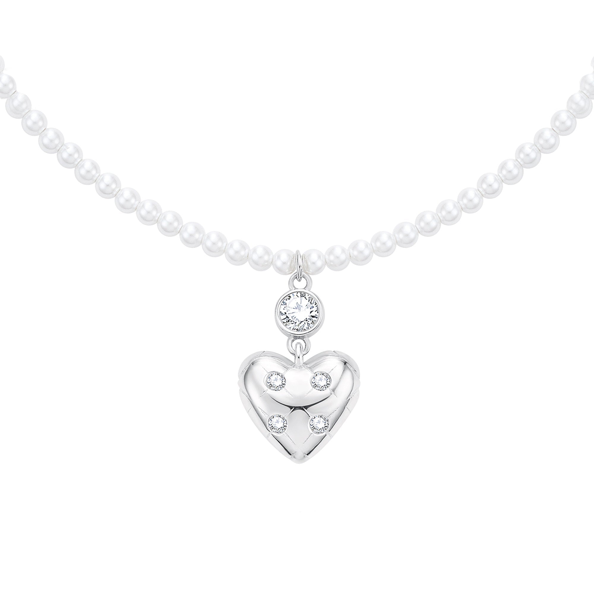 Diamond-Grid Series 3D Heart Pendant Rice Pearl Casual Choker Necklace