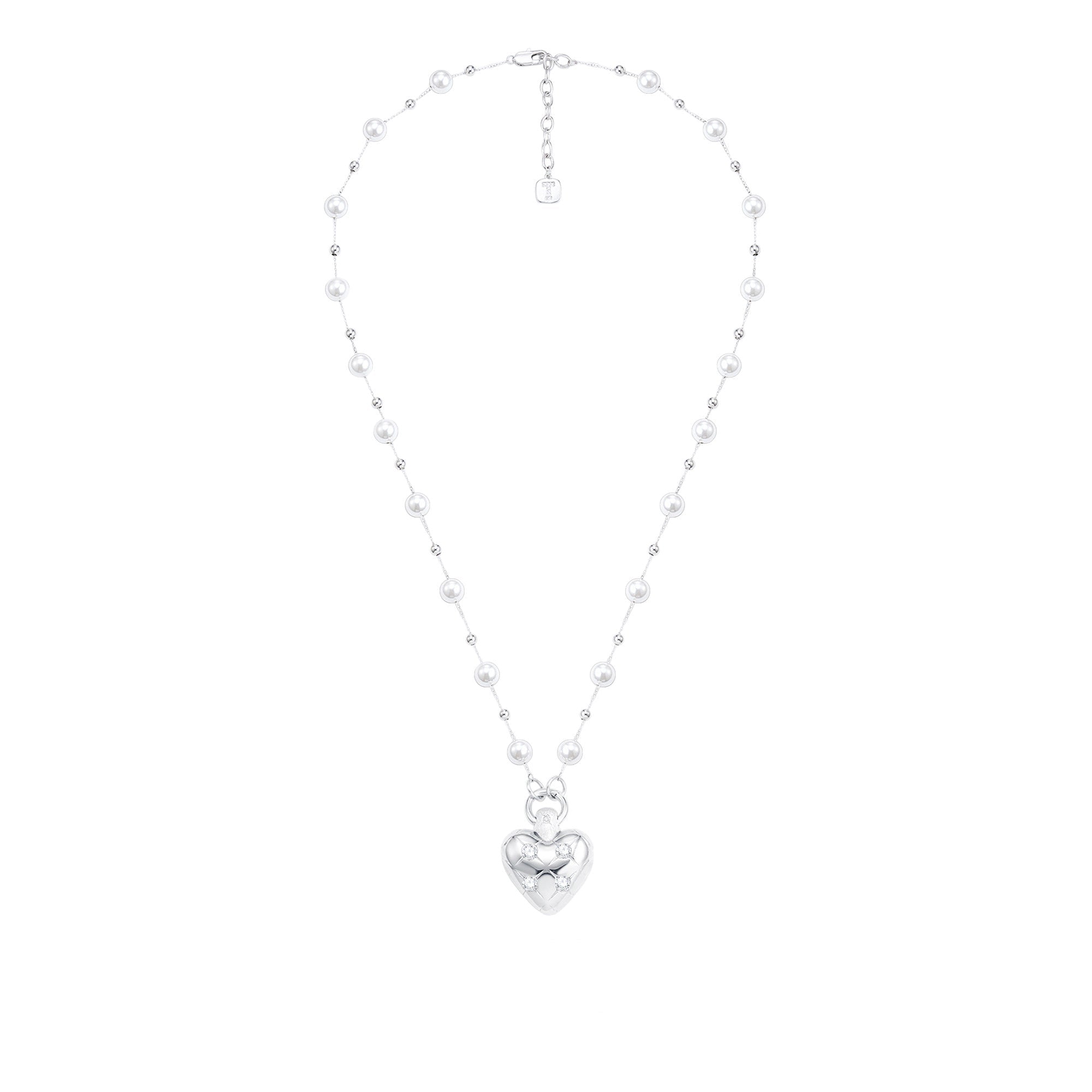 Diamond-Grid Series Heart 3D Pendant Long Pearl Necklace