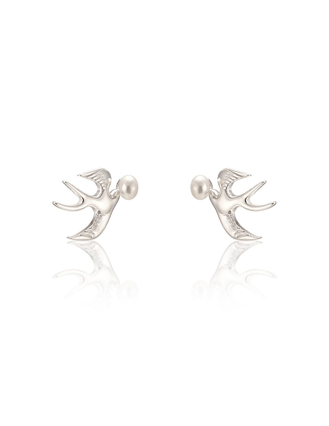 Flying Swallow Pearl Earrings - Art Nouveau Inspired Bird Studs, Luxury Minimalist Ear Jewelry
