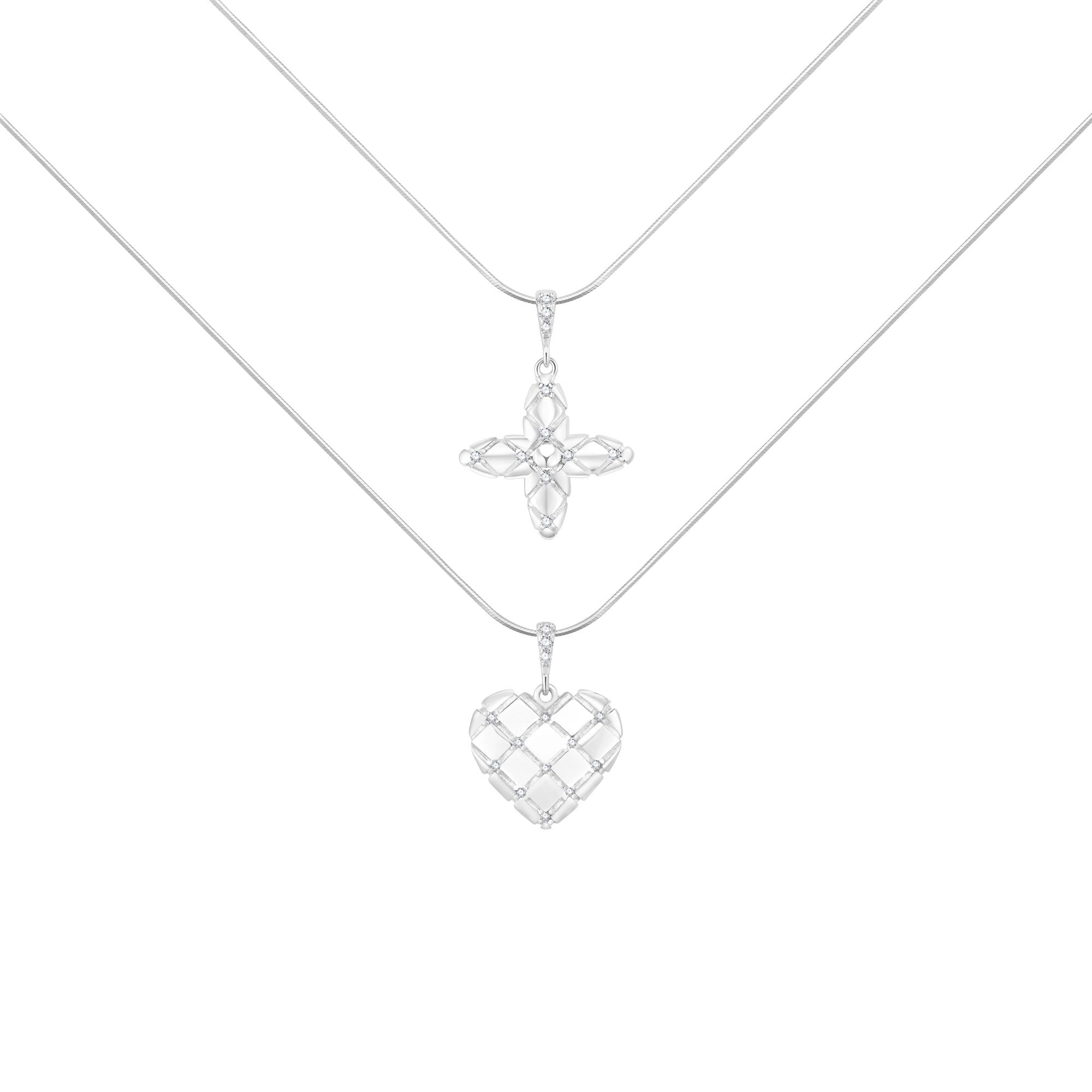 Diamond-Grid Series Starburst Heart Pendant Layered Choker Necklace