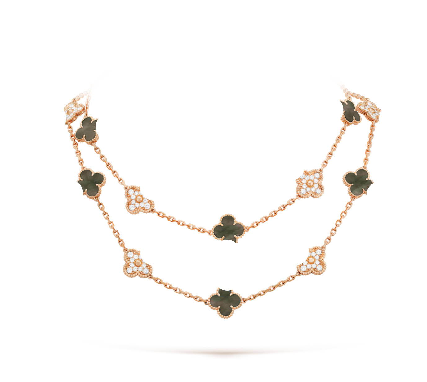 エルシーラブ クローバーリーフ ロングネックレス、925シルバー、18Kゴールドメッキ、20モチーフ