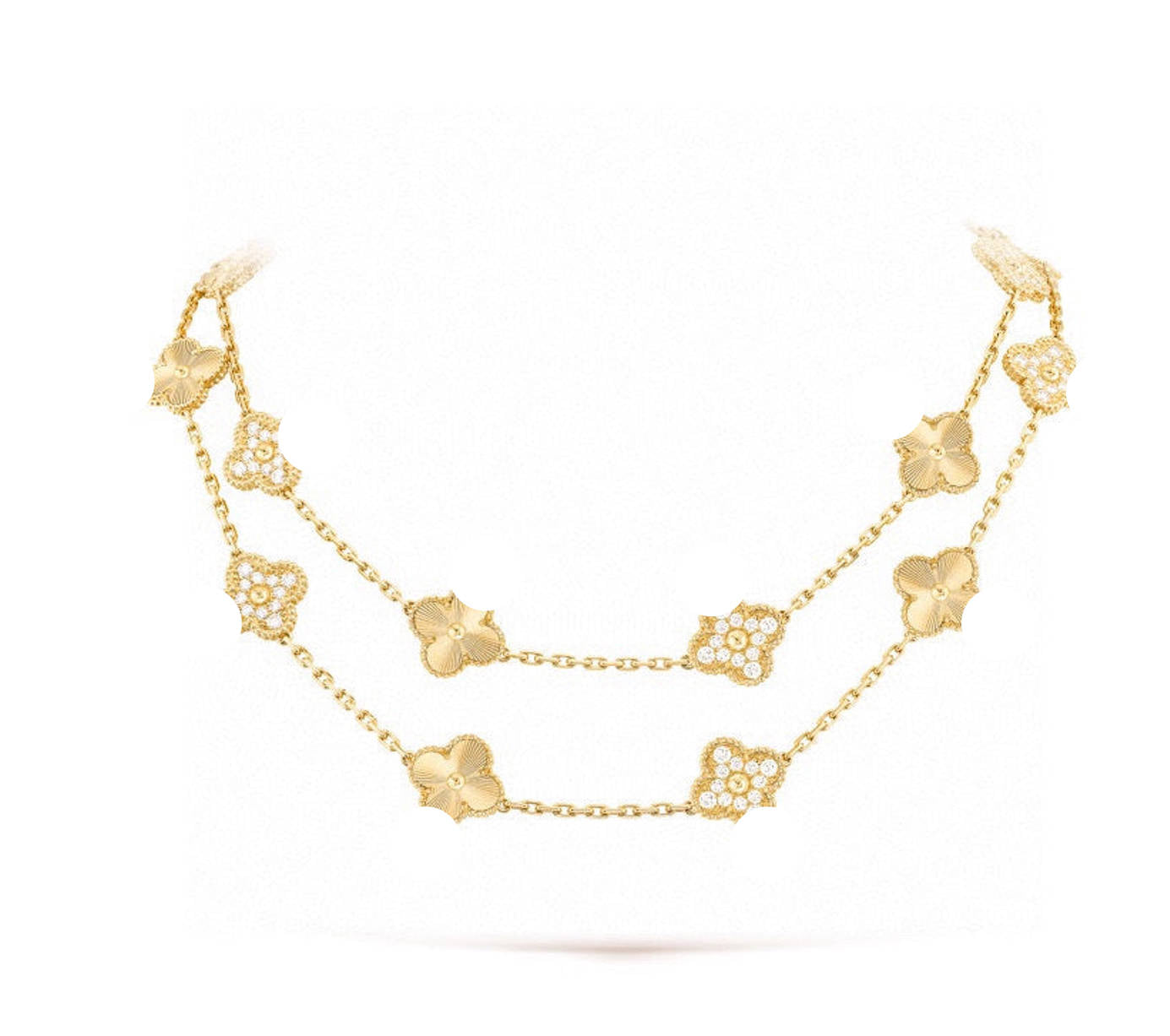 エルシーラブ クローバーリーフ ロングネックレス、925シルバー、18Kゴールドメッキ、20モチーフ