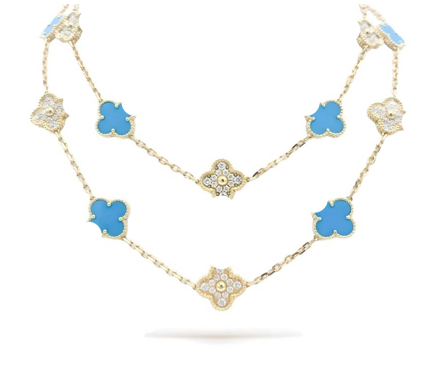 エルシーラブ クローバーリーフ ロングネックレス、925シルバー、18Kゴールドメッキ、20モチーフ