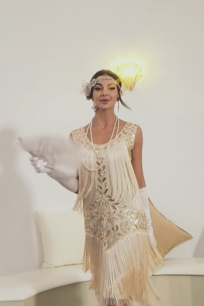 Champagne 1920s Gatsby-Style Sequin & Fringed Flapper Dress