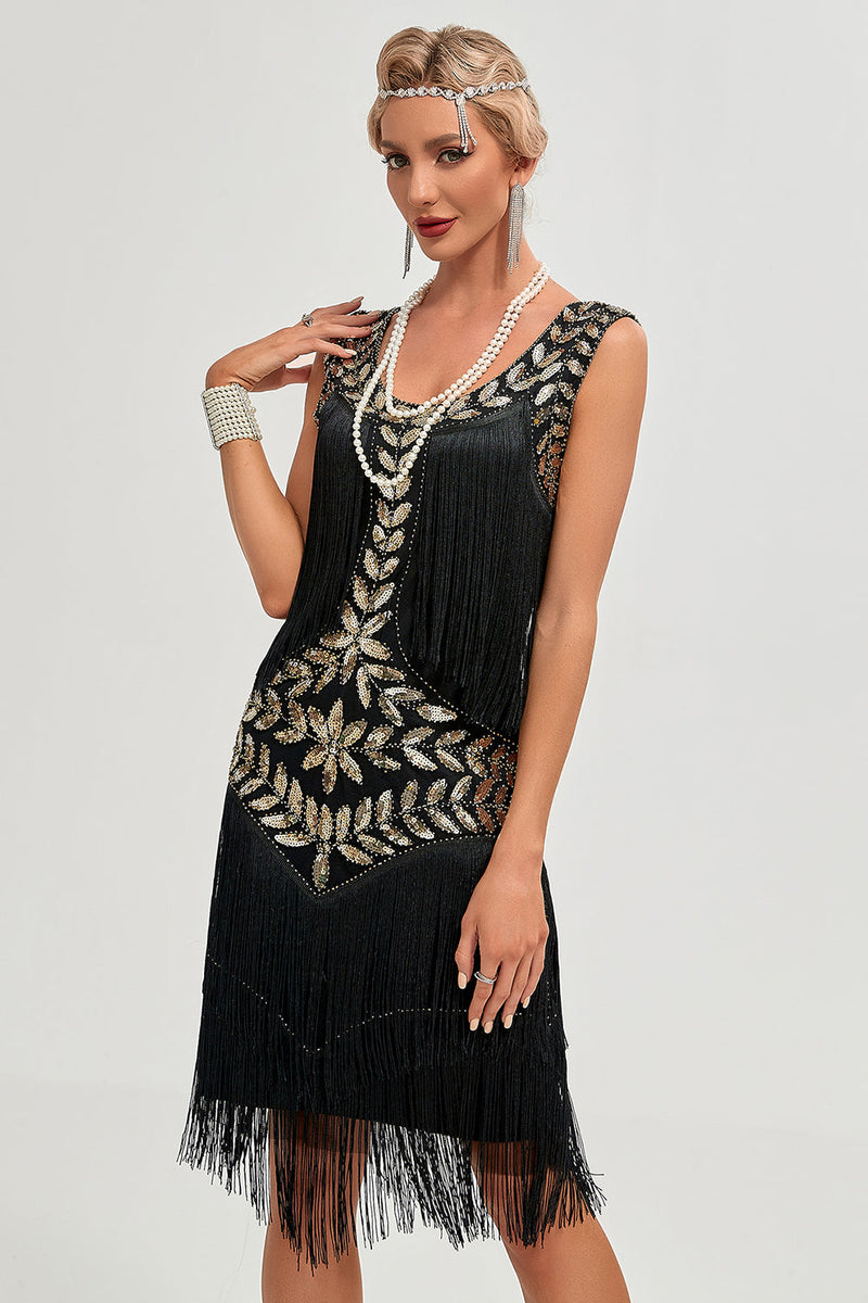 Champagne 1920s Gatsby-Style Sequin & Fringed Flapper Dress