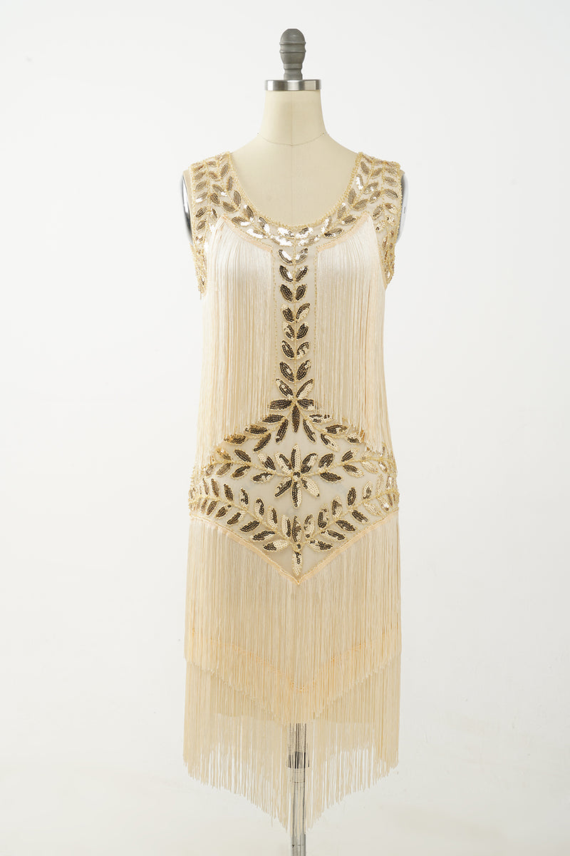Champagne 1920s Gatsby-Style Sequin & Fringed Flapper Dress