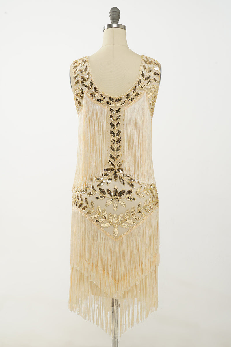 Champagne 1920s Gatsby-Style Sequin & Fringed Flapper Dress
