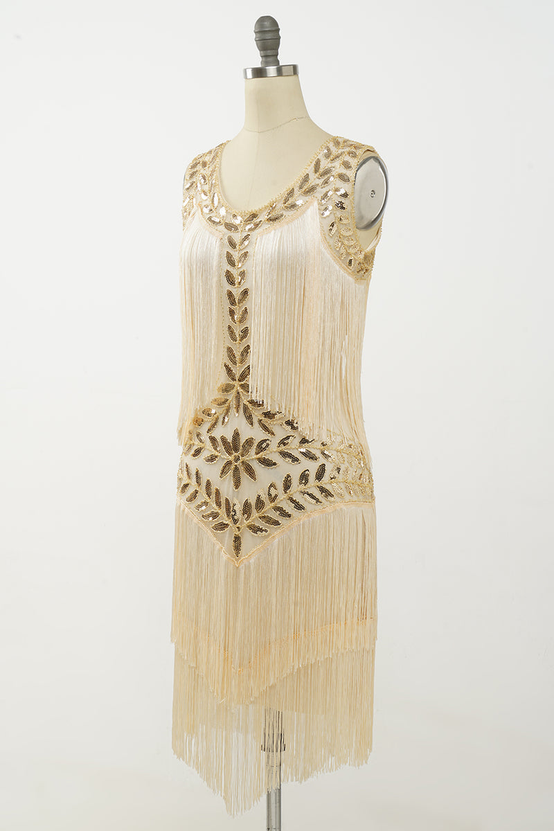 Champagne 1920s Gatsby-Style Sequin & Fringed Flapper Dress