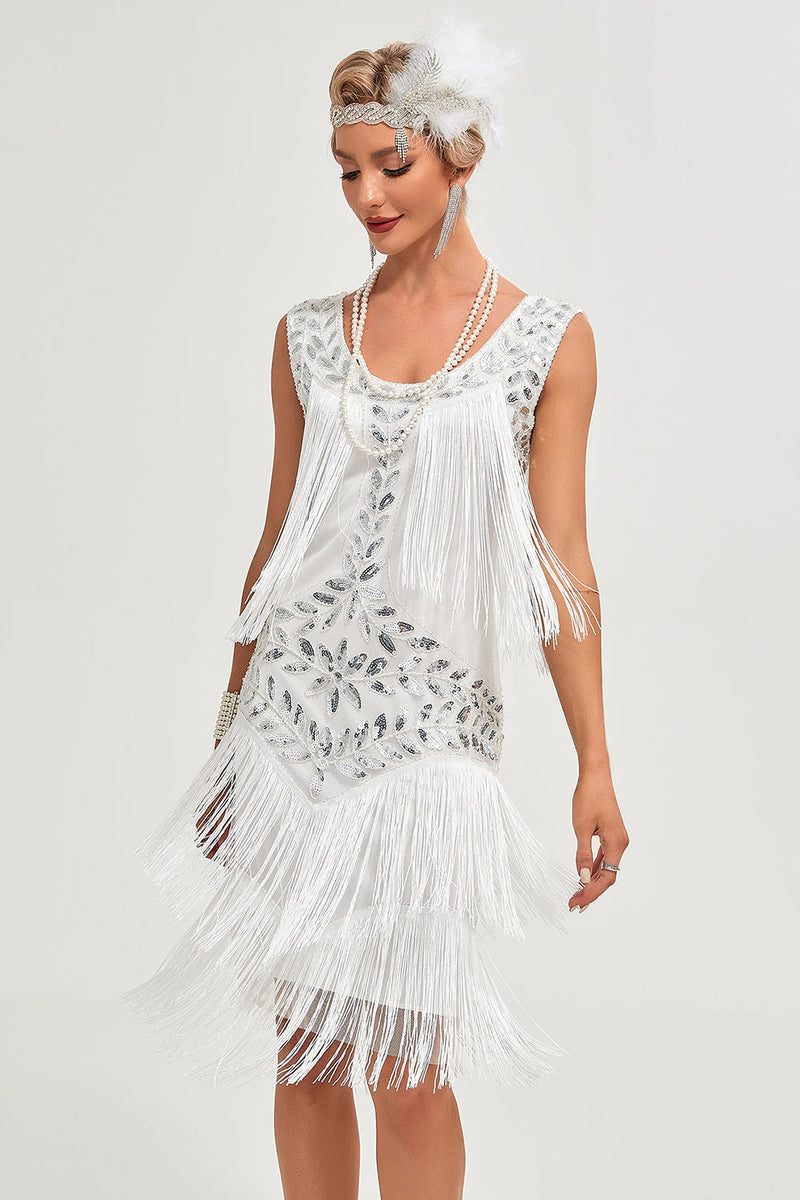 Champagne 1920s Gatsby-Style Sequin & Fringed Flapper Dress