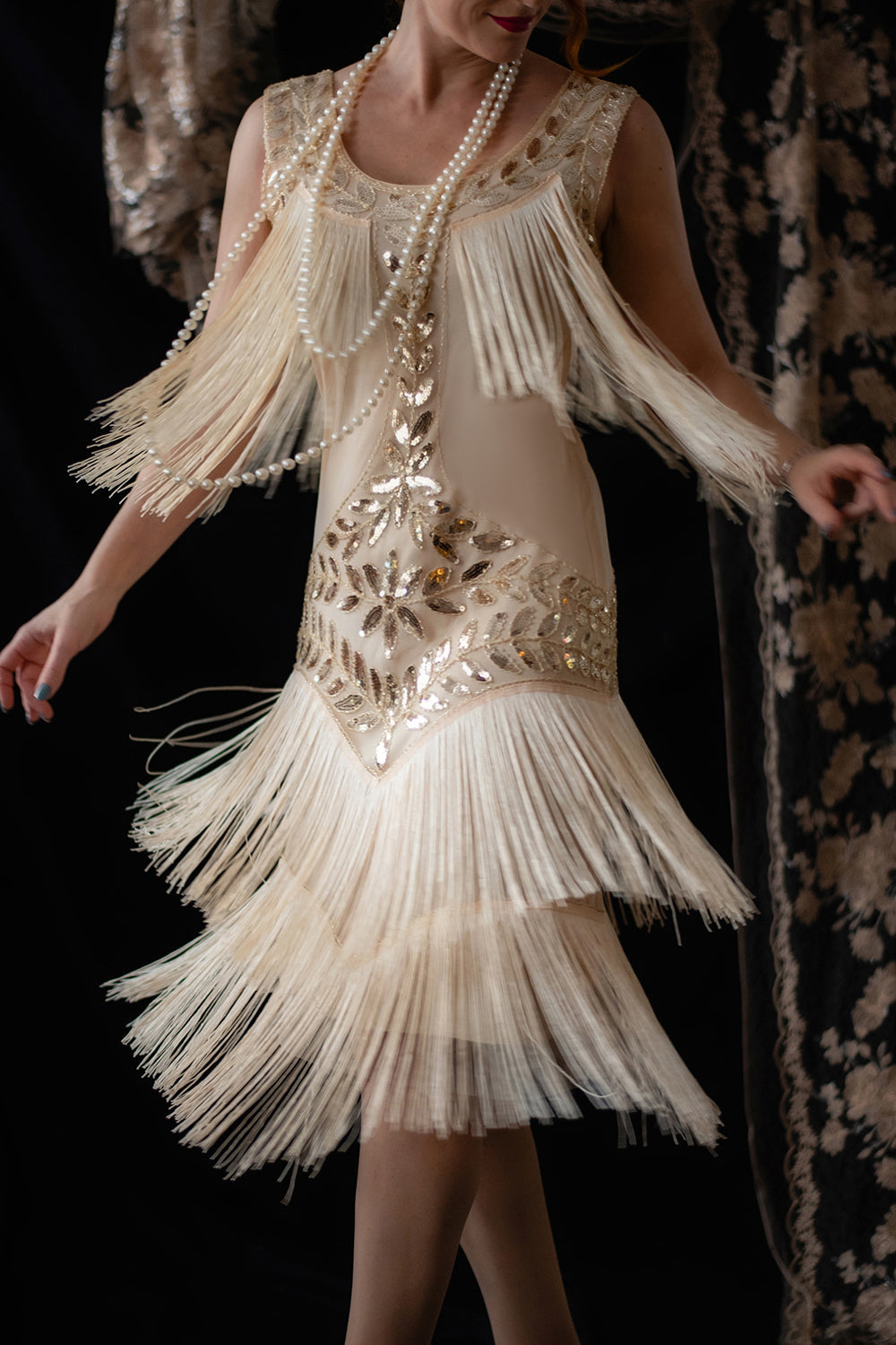 Champagne 1920s Gatsby-Style Sequin & Fringed Flapper Dress