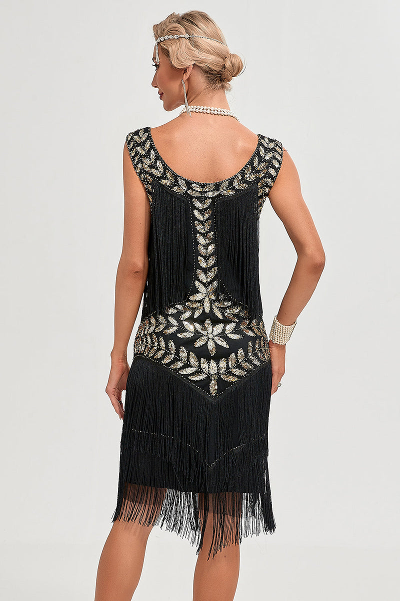 Champagne 1920s Gatsby-Style Sequin & Fringed Flapper Dress