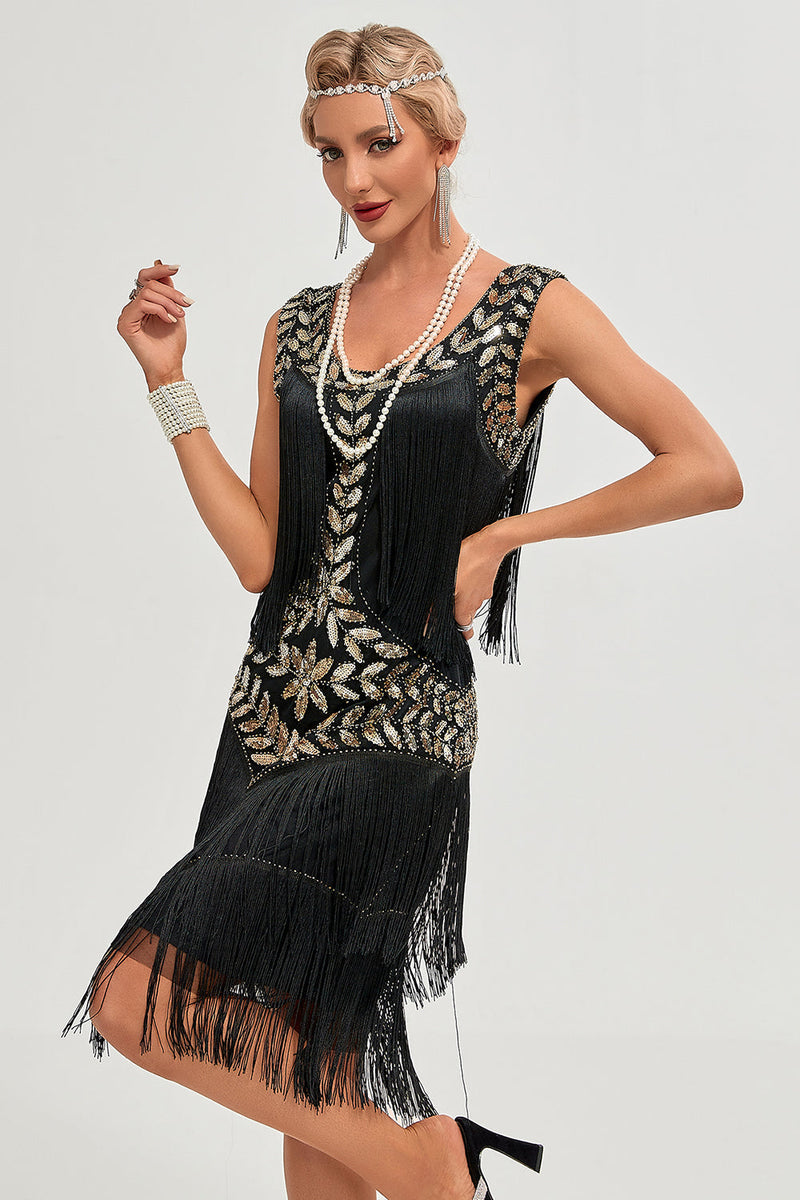 Champagne 1920s Gatsby-Style Sequin & Fringed Flapper Dress