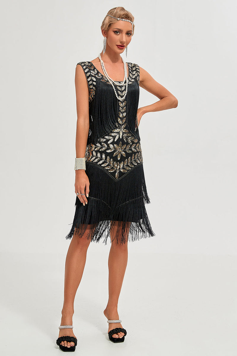 Champagne 1920s Gatsby-Style Sequin & Fringed Flapper Dress