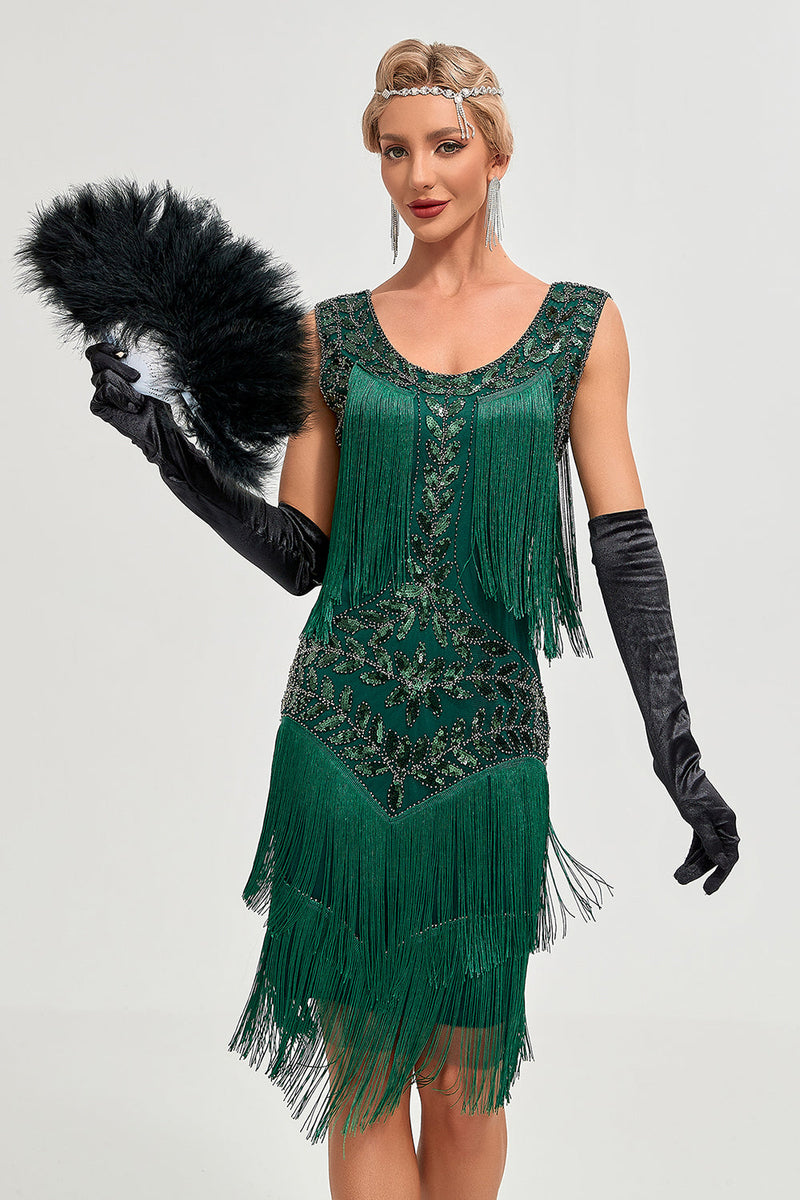 Champagne 1920s Gatsby-Style Sequin & Fringed Flapper Dress