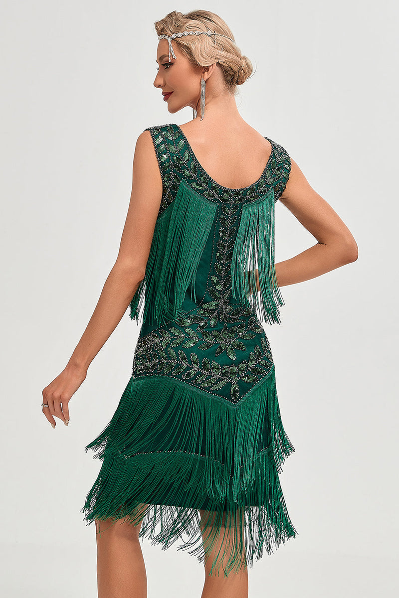 Champagne 1920s Gatsby-Style Sequin & Fringed Flapper Dress