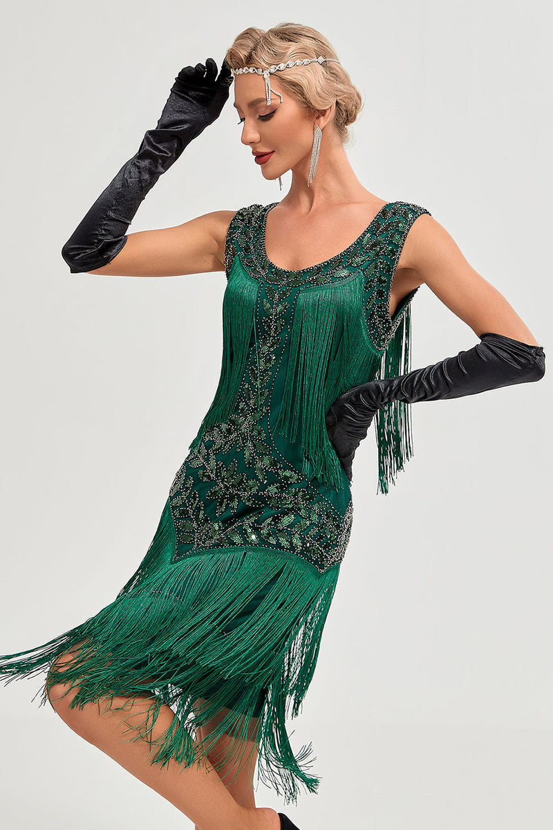 Champagne 1920s Gatsby-Style Sequin & Fringed Flapper Dress