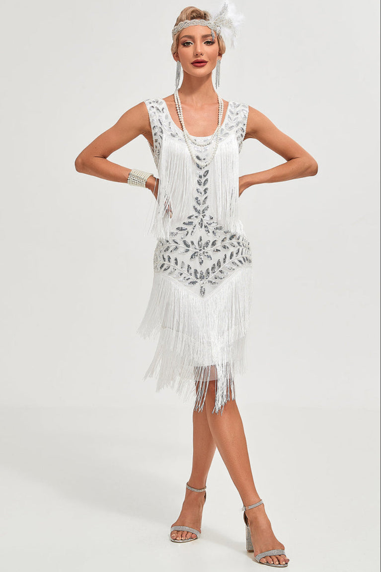Champagne 1920s Gatsby-Style Sequin & Fringed Flapper Dress