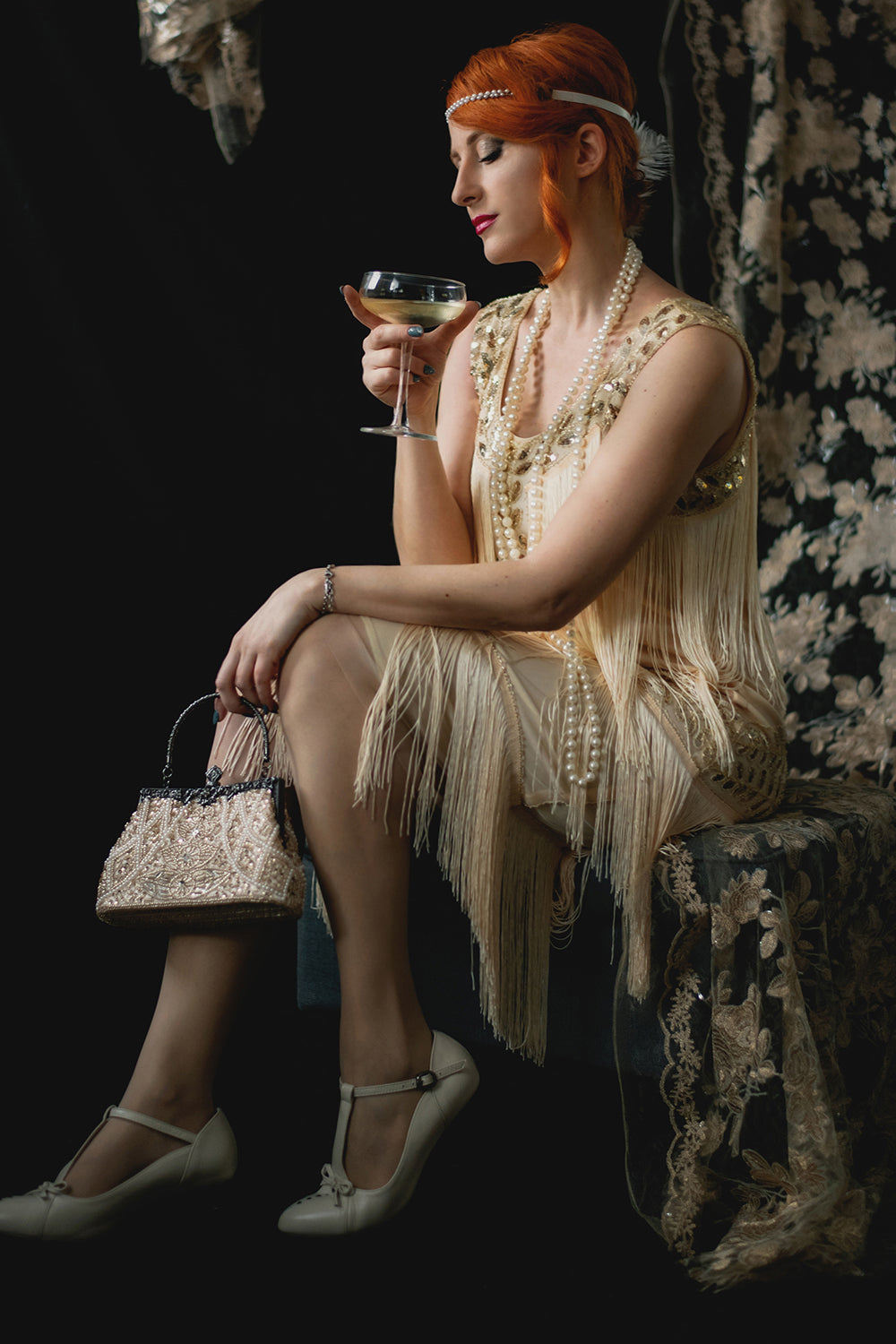 Champagne 1920s Gatsby-Style Sequin & Fringed Flapper Dress