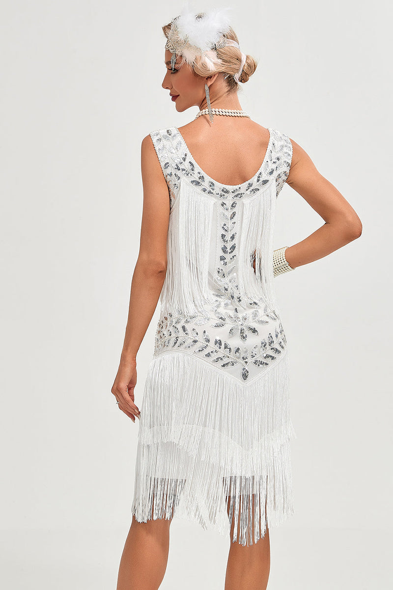 Champagne 1920s Gatsby-Style Sequin & Fringed Flapper Dress