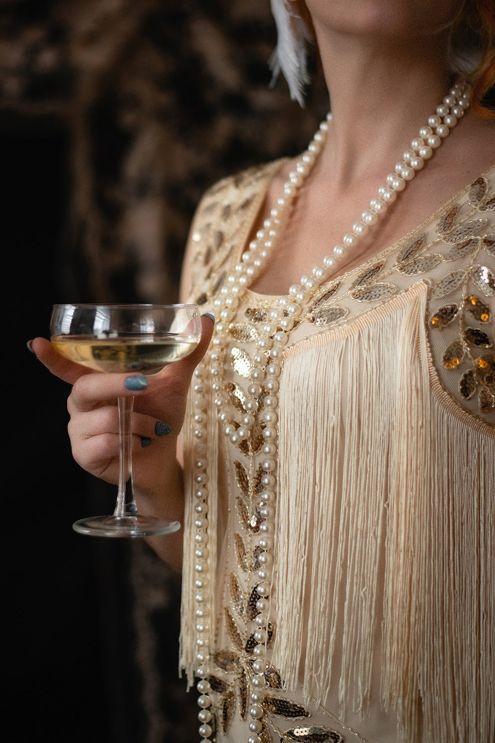 Champagne 1920s Gatsby-Style Sequin & Fringed Flapper Dress