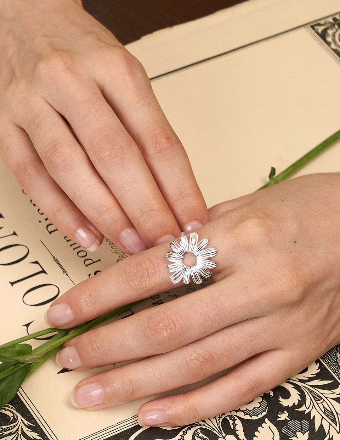 Daisy Embroidered Adjustable Ring - Floral Open Band, Botanical Stacking Jewelry