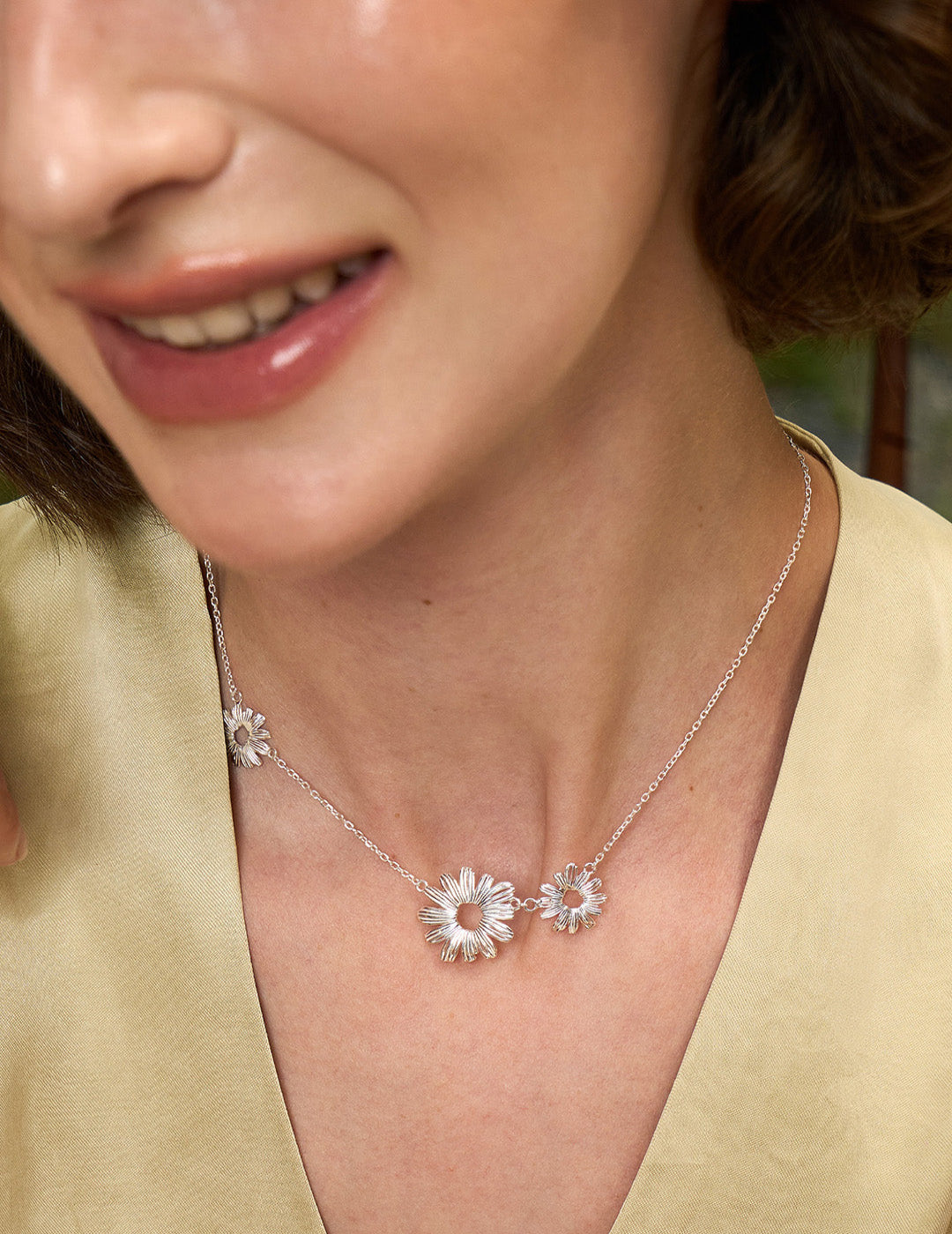 Daisy Embroidered Choker Necklace - Sterling Silver Floral Pendant, Dainty Garden Jewelry