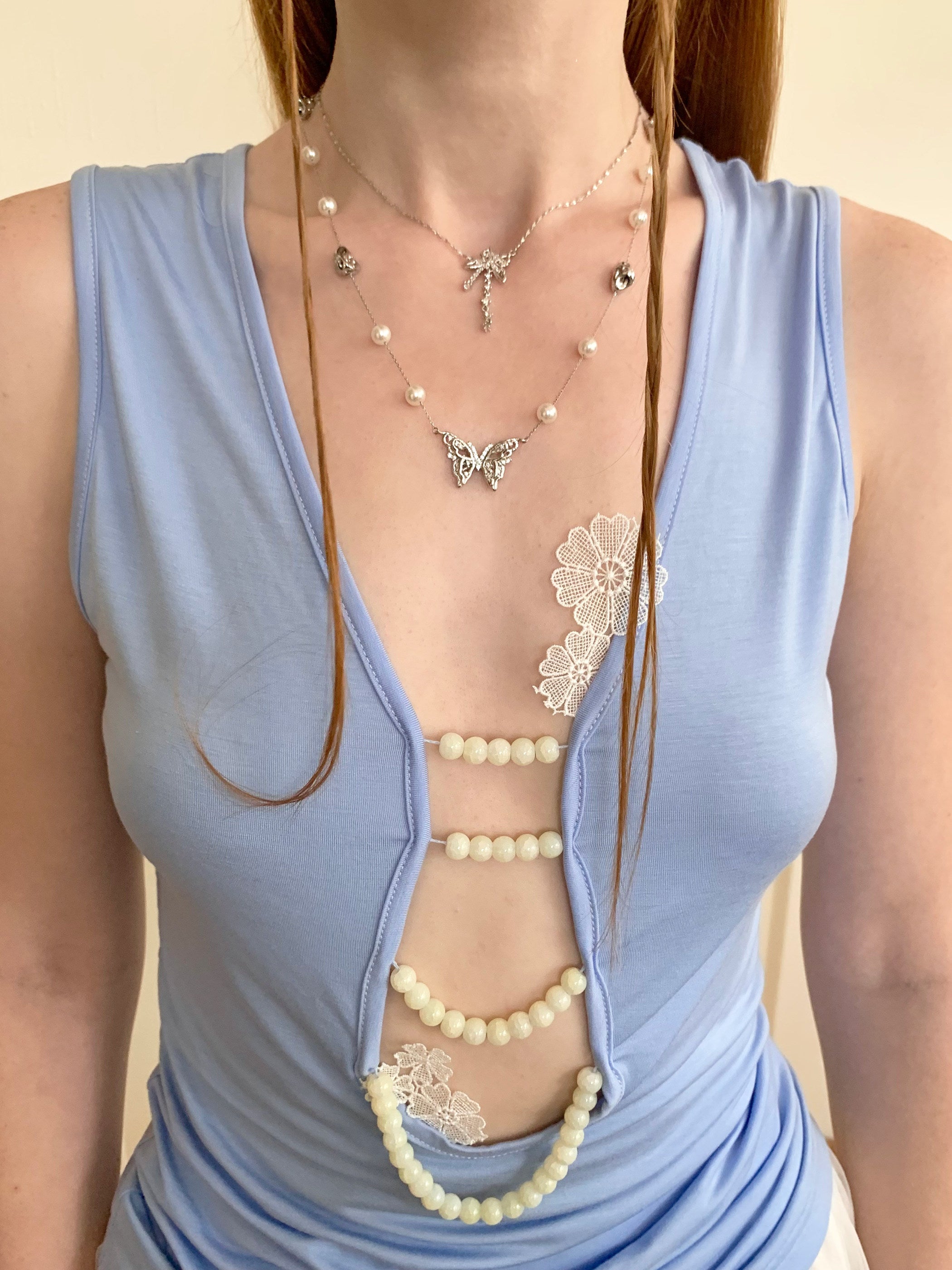 Silver Wing Series Lace Butterfly Pearl Starry Choker Necklace