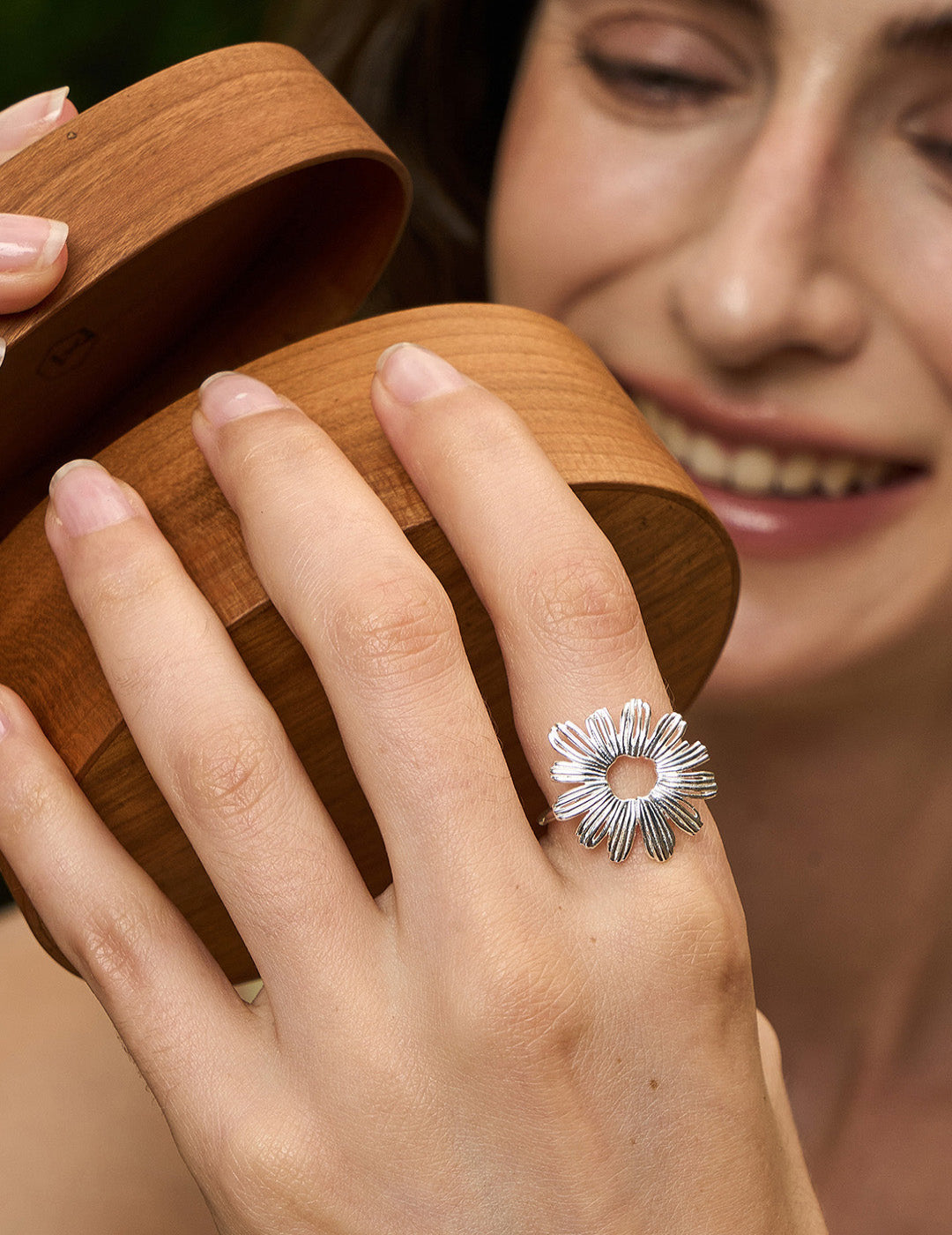 Daisy Embroidered Adjustable Ring - Floral Open Band, Botanical Stacking Jewelry