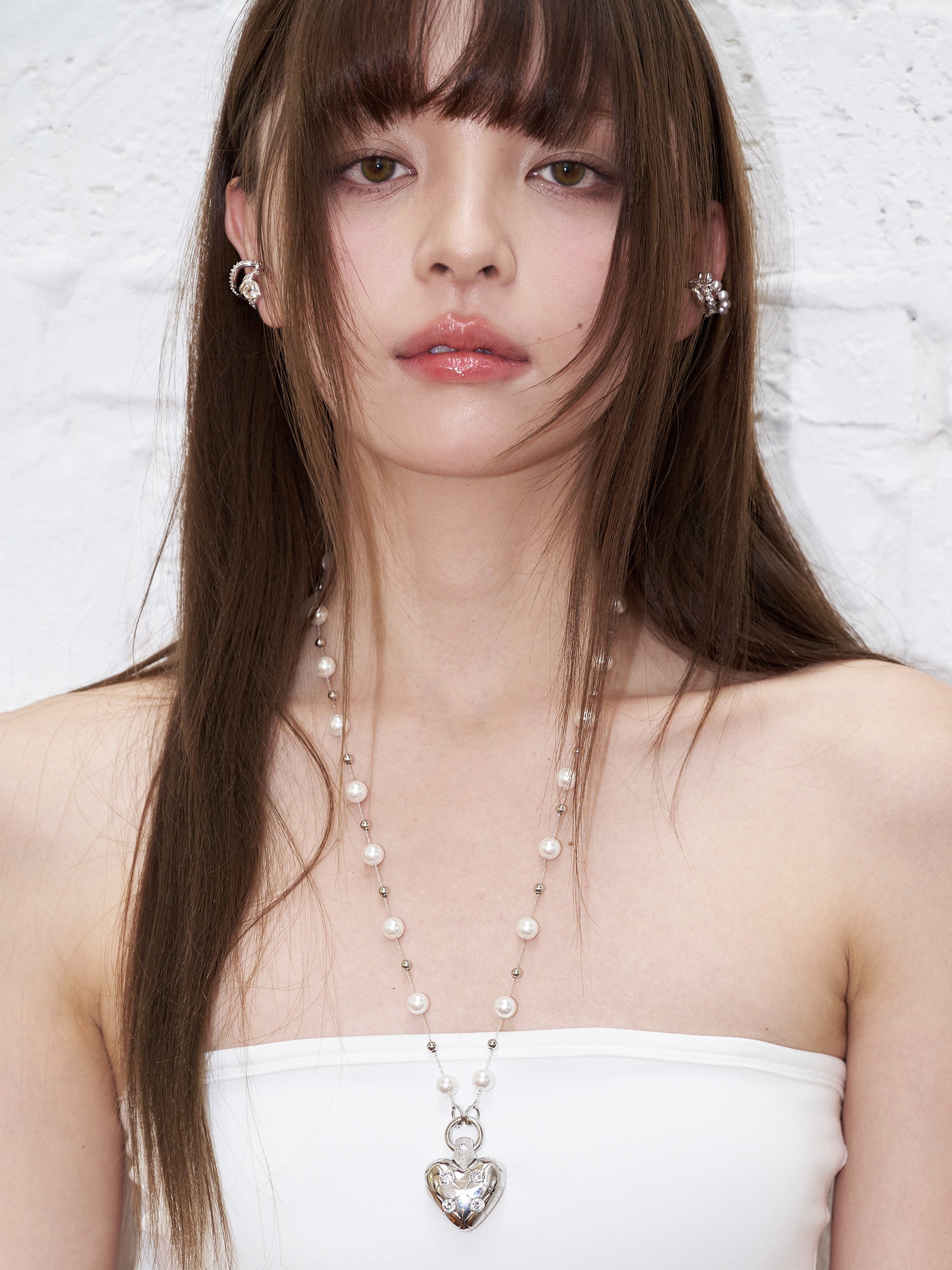 Diamond-Grid Series Heart 3D Pendant Long Pearl Necklace