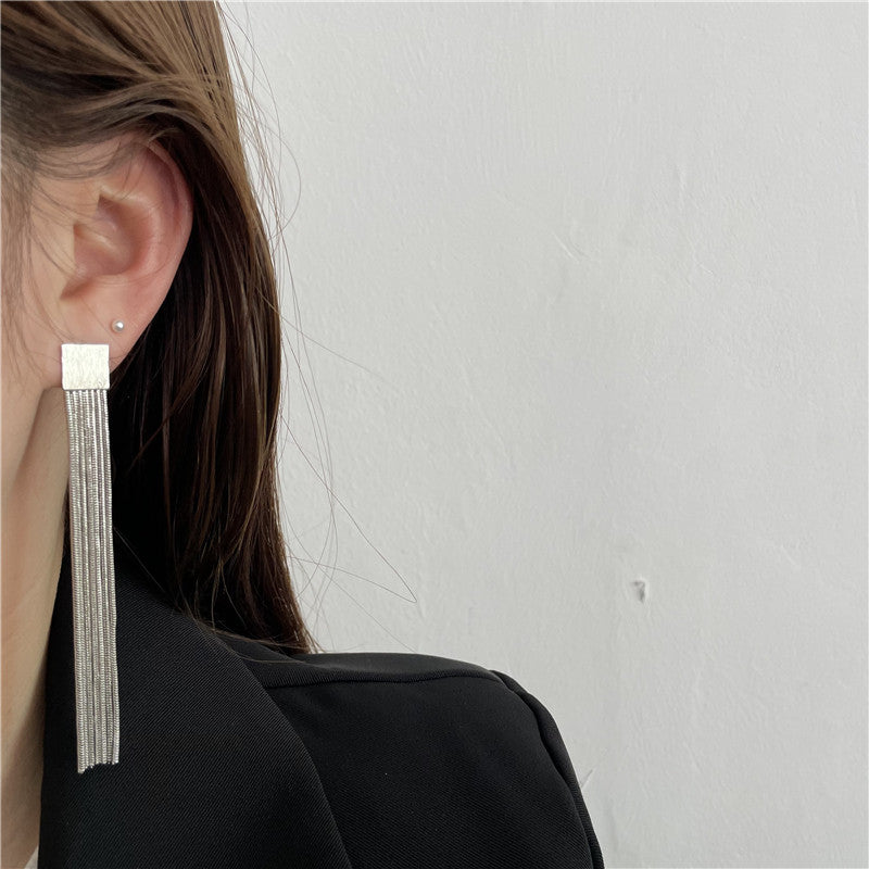 S925 Sterling Silver Tassel Drop Earrings Brushed Texture Design