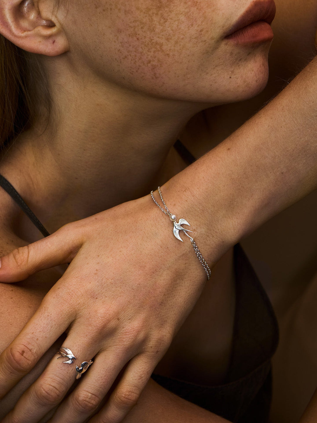 Art Nouveau Swallow Bracelet - A Flying Bird Pearl Chain in Motion