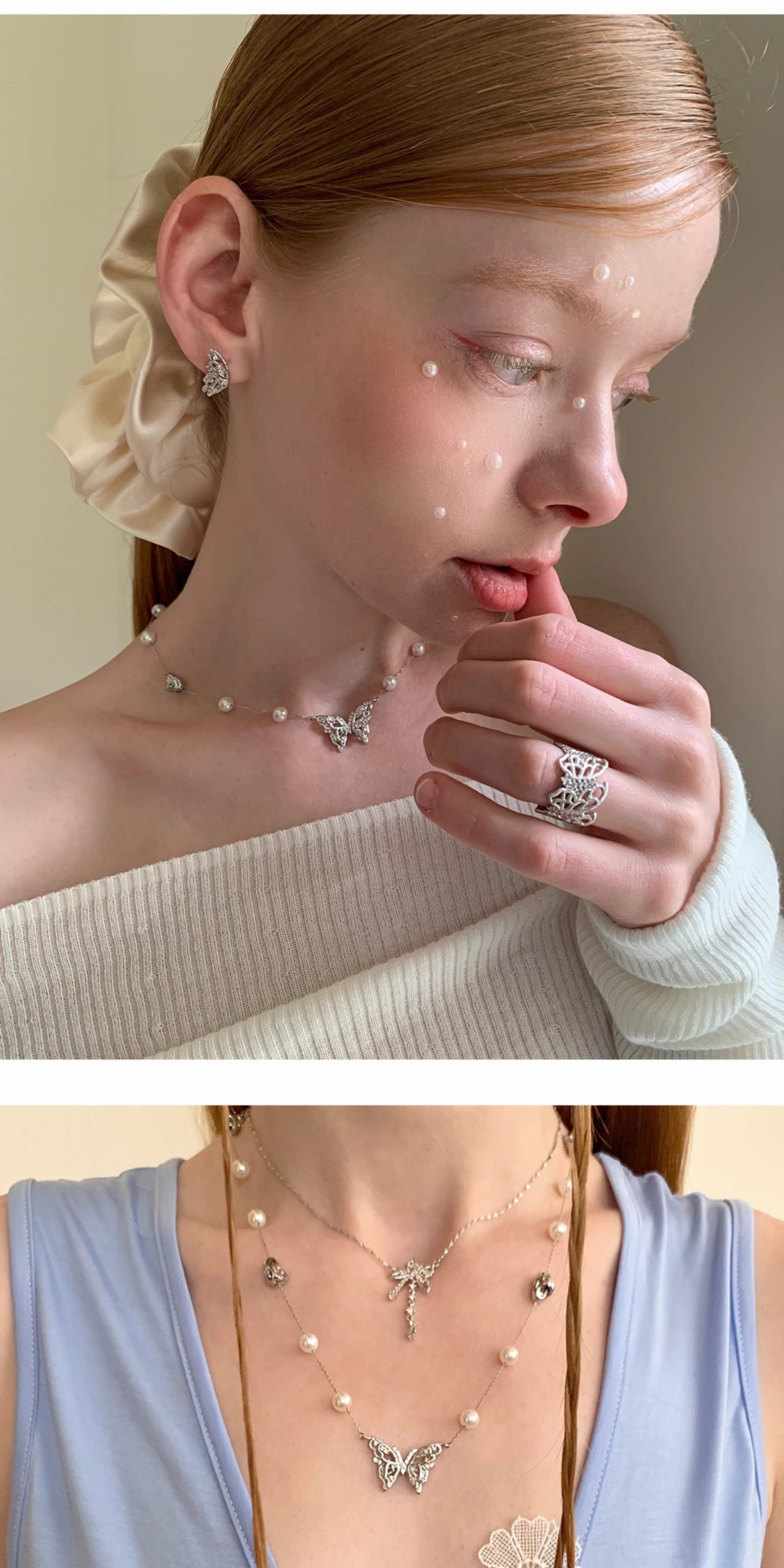 Silver Wing Series Lace Butterfly Pearl Starry Choker Necklace