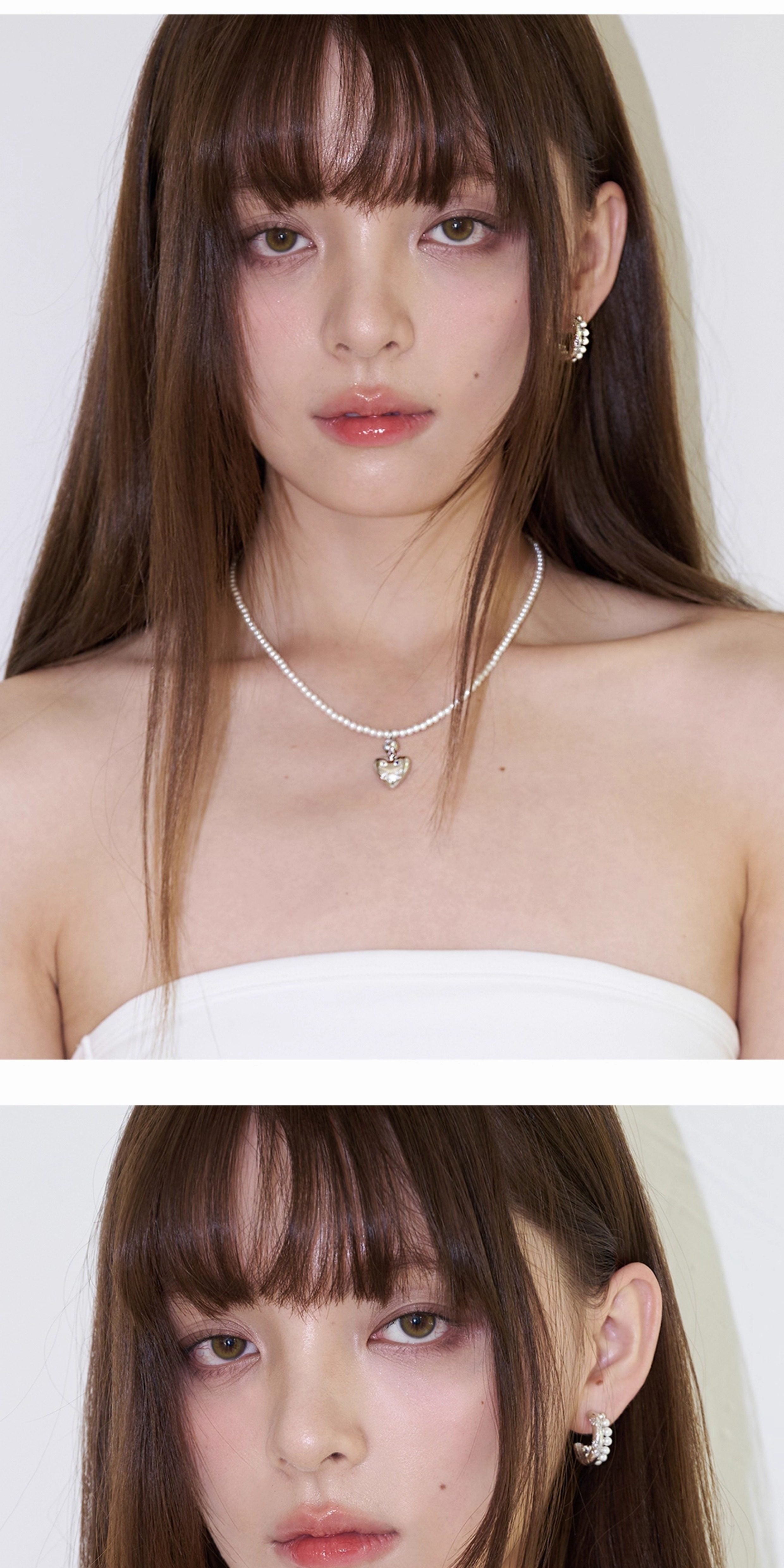 Diamond-Grid Series 3D Heart Pendant Rice Pearl Casual Choker Necklace