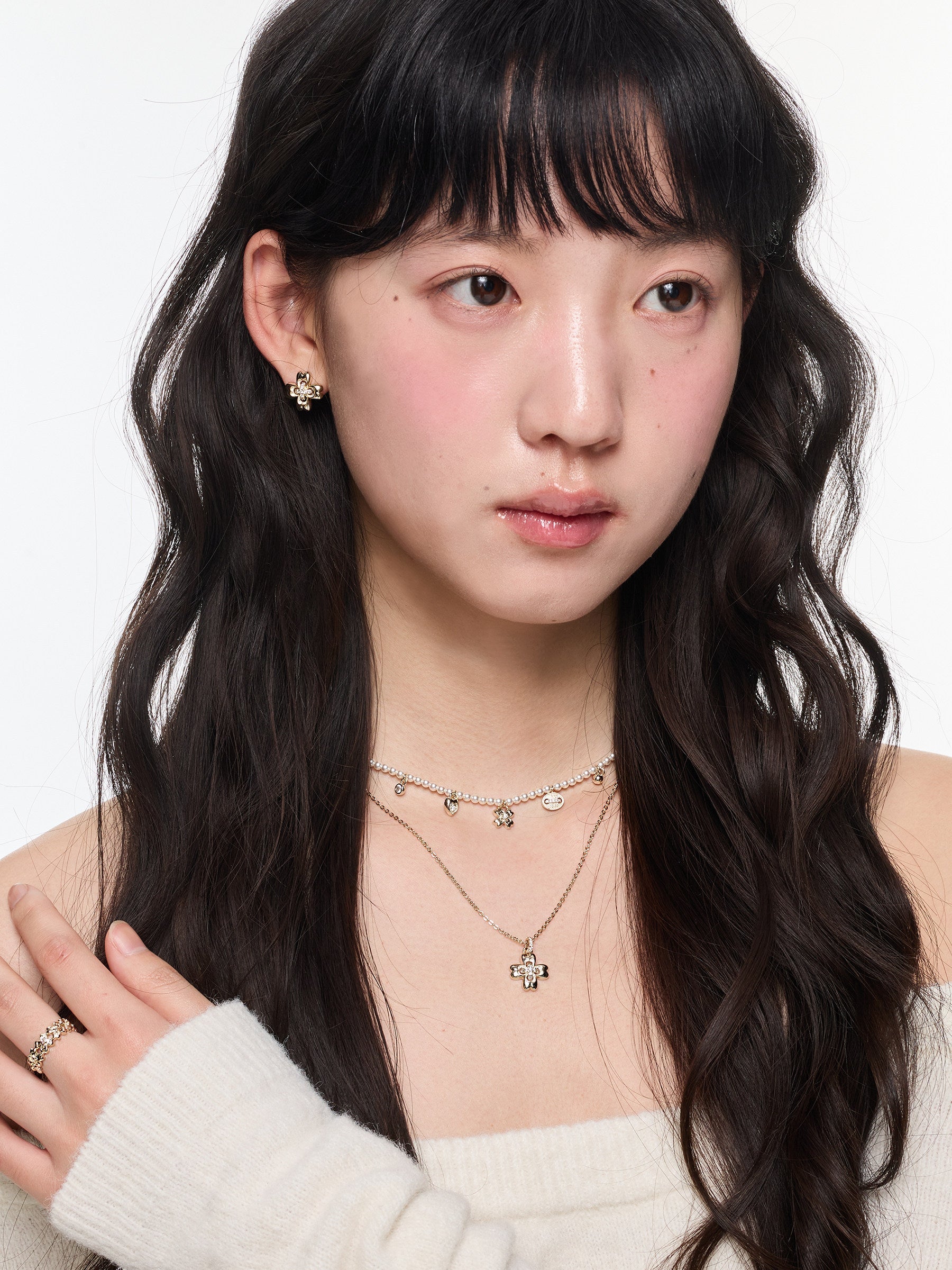 Button Series Small Flower Double-Layer Pearl Necklace Set, Design Statement 2-Piece Set
