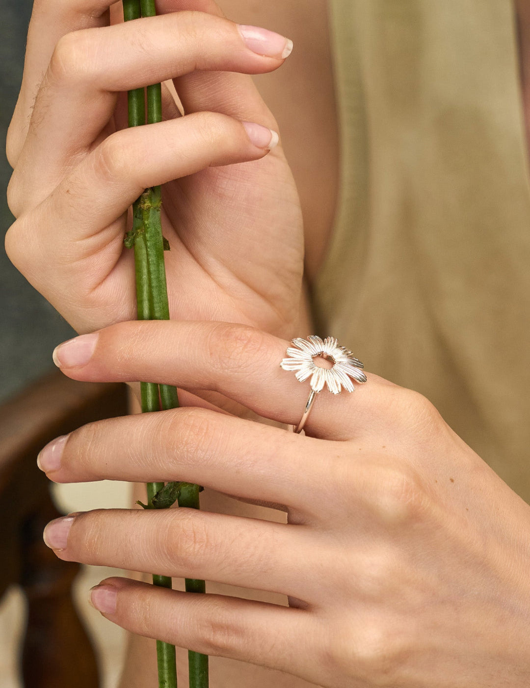 Daisy Embroidered Adjustable Ring - Floral Open Band, Botanical Stacking Jewelry